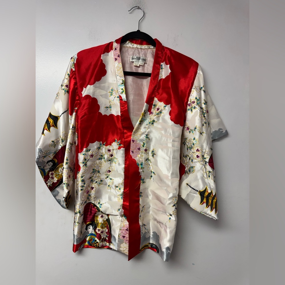 Shanghai Soho Kimono Style Jacket Satin Geisha Print Open Front One Size 10/12 Y